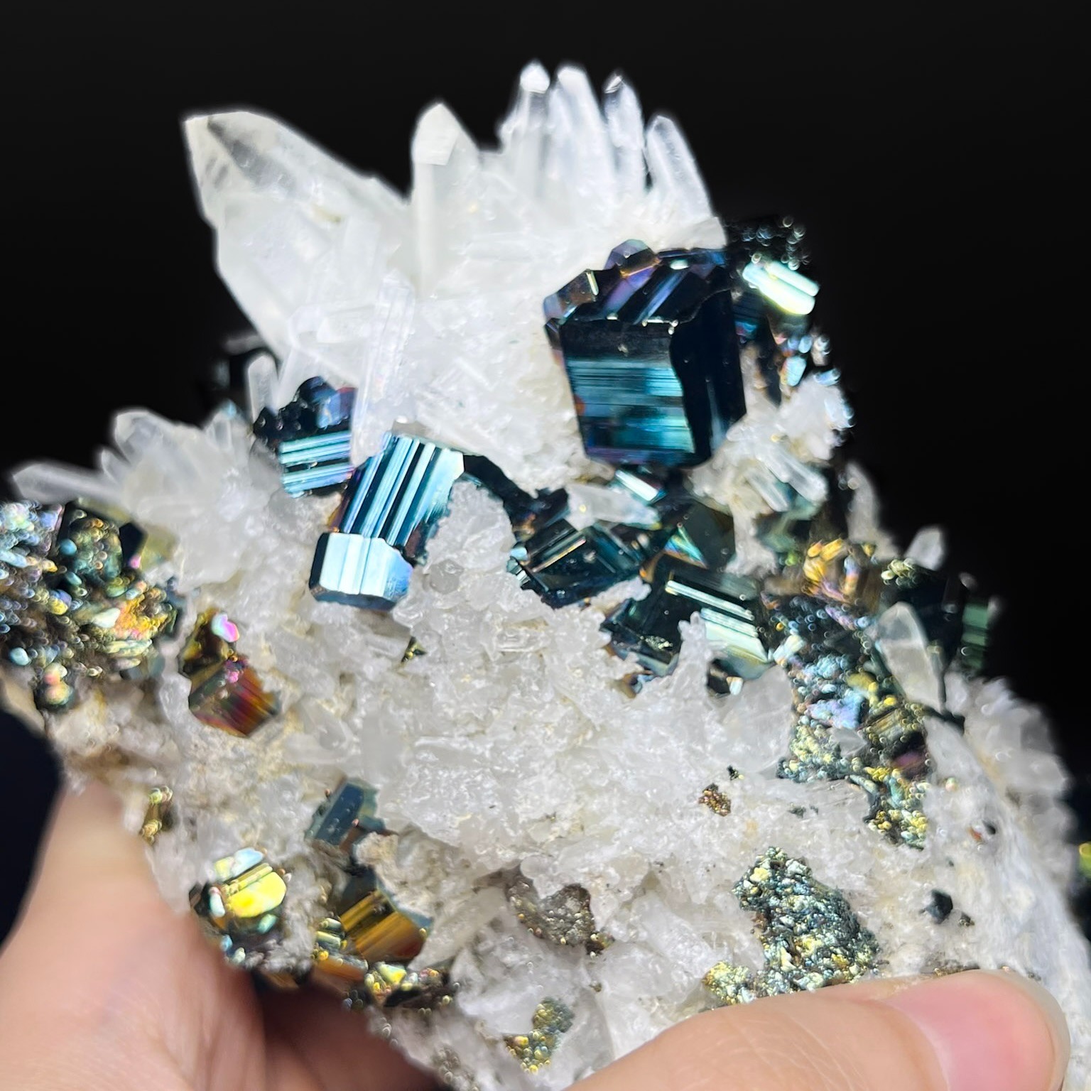 Iridescent Rainbow Pyrite Cube with Quartz Crystals from Indonesia