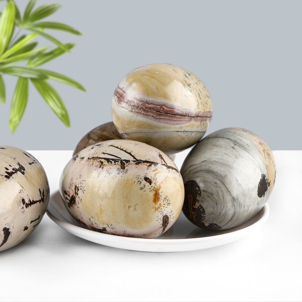 Natural Picture Stone Egg Carving Crystal Reiki Healing Decor Gift + stand 1pcs