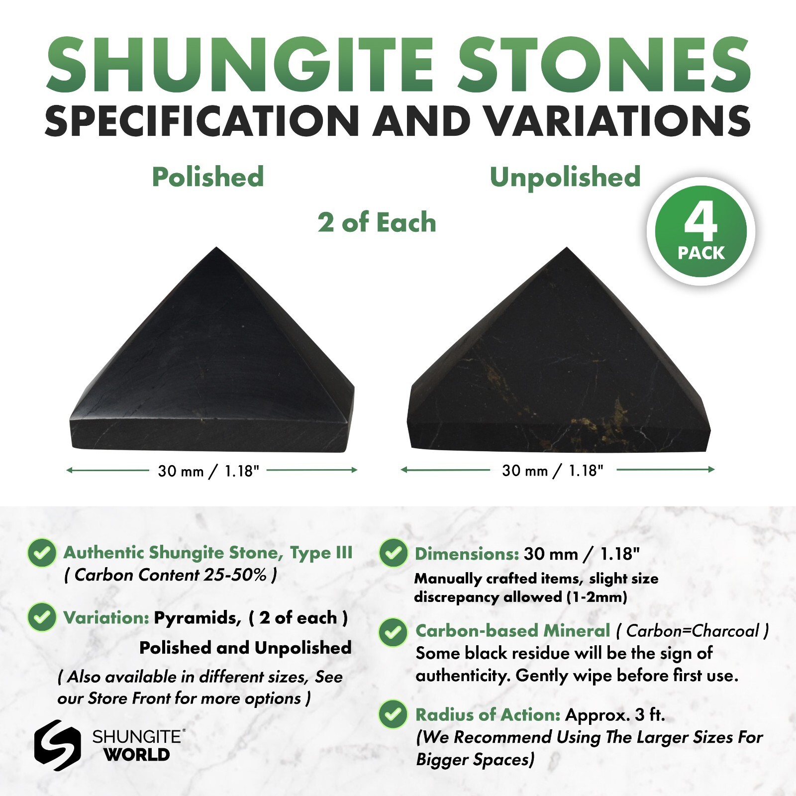 Shungite World Shungite Pyramid Set 4 pcs Many sizes ( Polished + Unpolished )