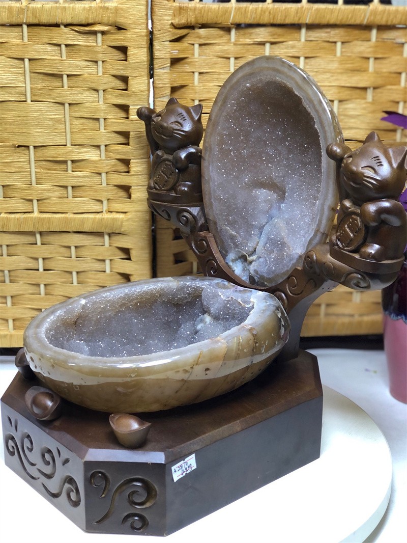10.5LBNatural Agate Crystal Geode Quartz Bowl Wealth Spirit Energy Healing+Stand