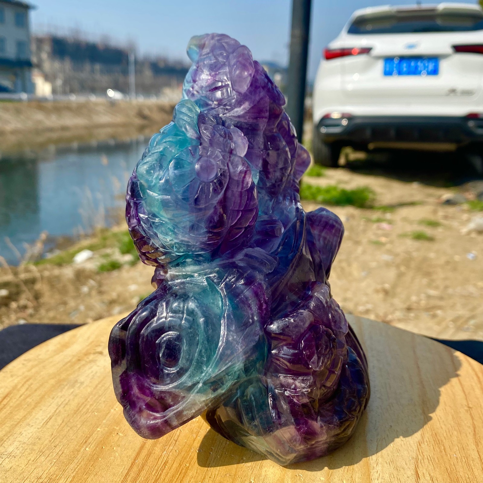 5.62LB Natural Fluorite Quartz Owl Sculpture Hand Carved Crystal Reiki Energy