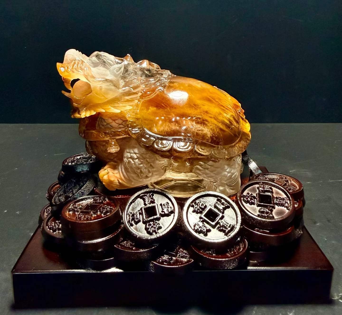 3.21LB Natural Yellow, Red Rabbit Hair Quartz Dragon Turtle Crystal Reiki+Stand