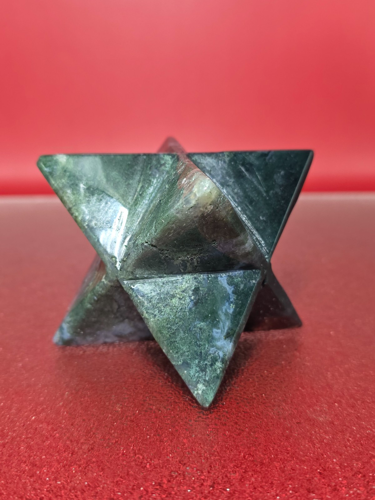 360g Moss Agate 8 Point Merkaba Star Carving Crystal Sacred Geometry Healing
