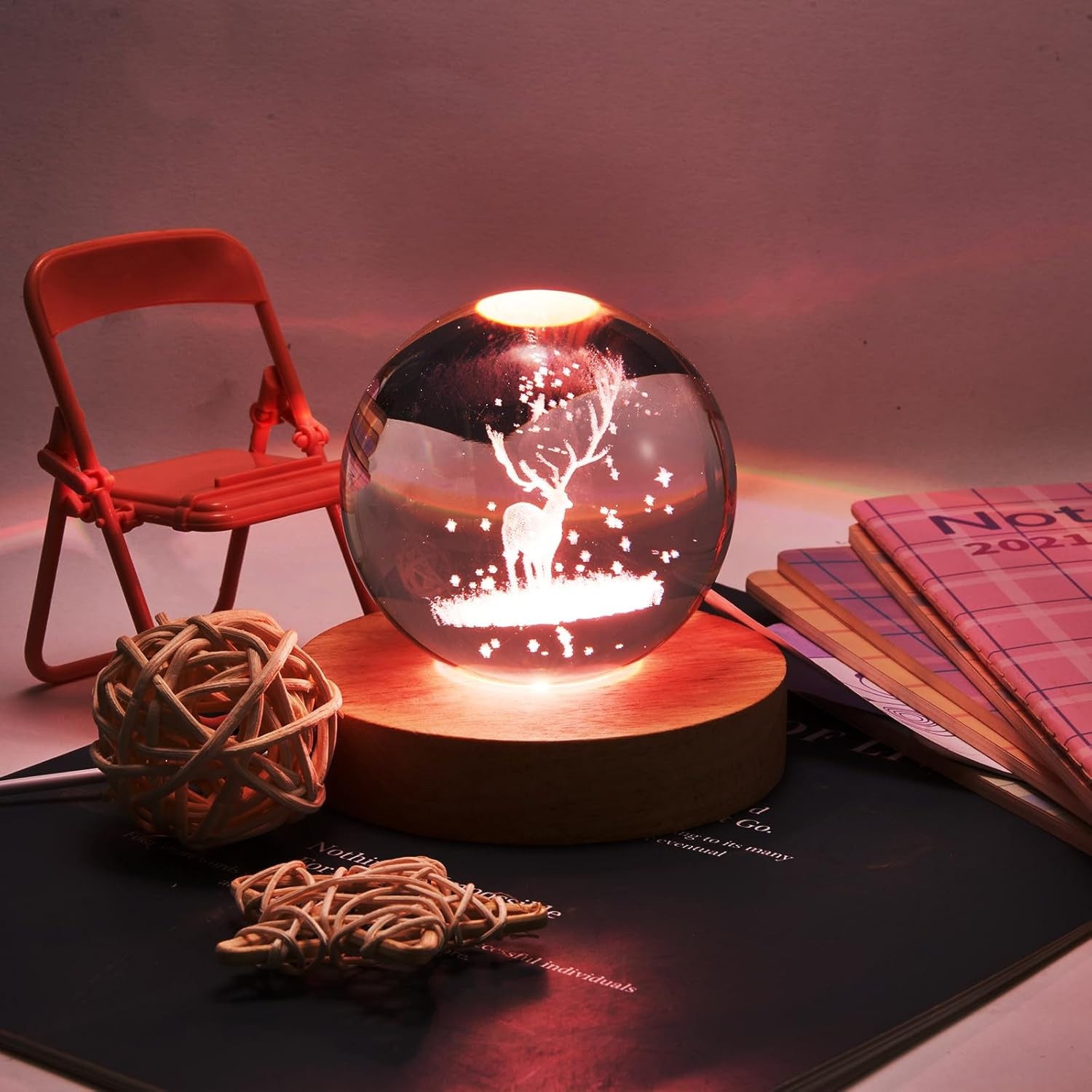 2PCS LED Wooden Round Light Base 7-Color Adjustable Display Stand for 3D Crystal