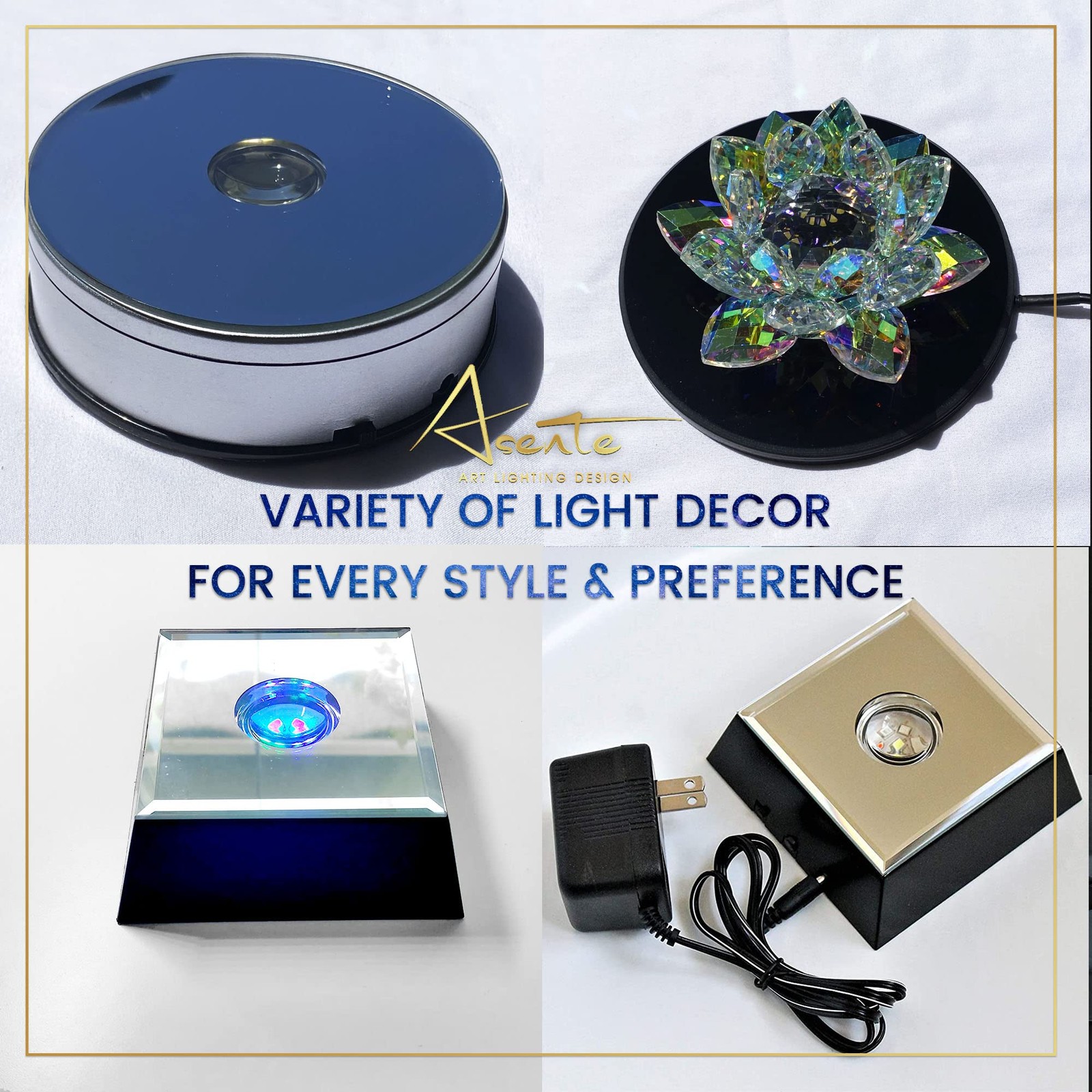 4 LED Crystal Round Display Base w/ Mirror Top – Lighted Stand for Crystal Ar…