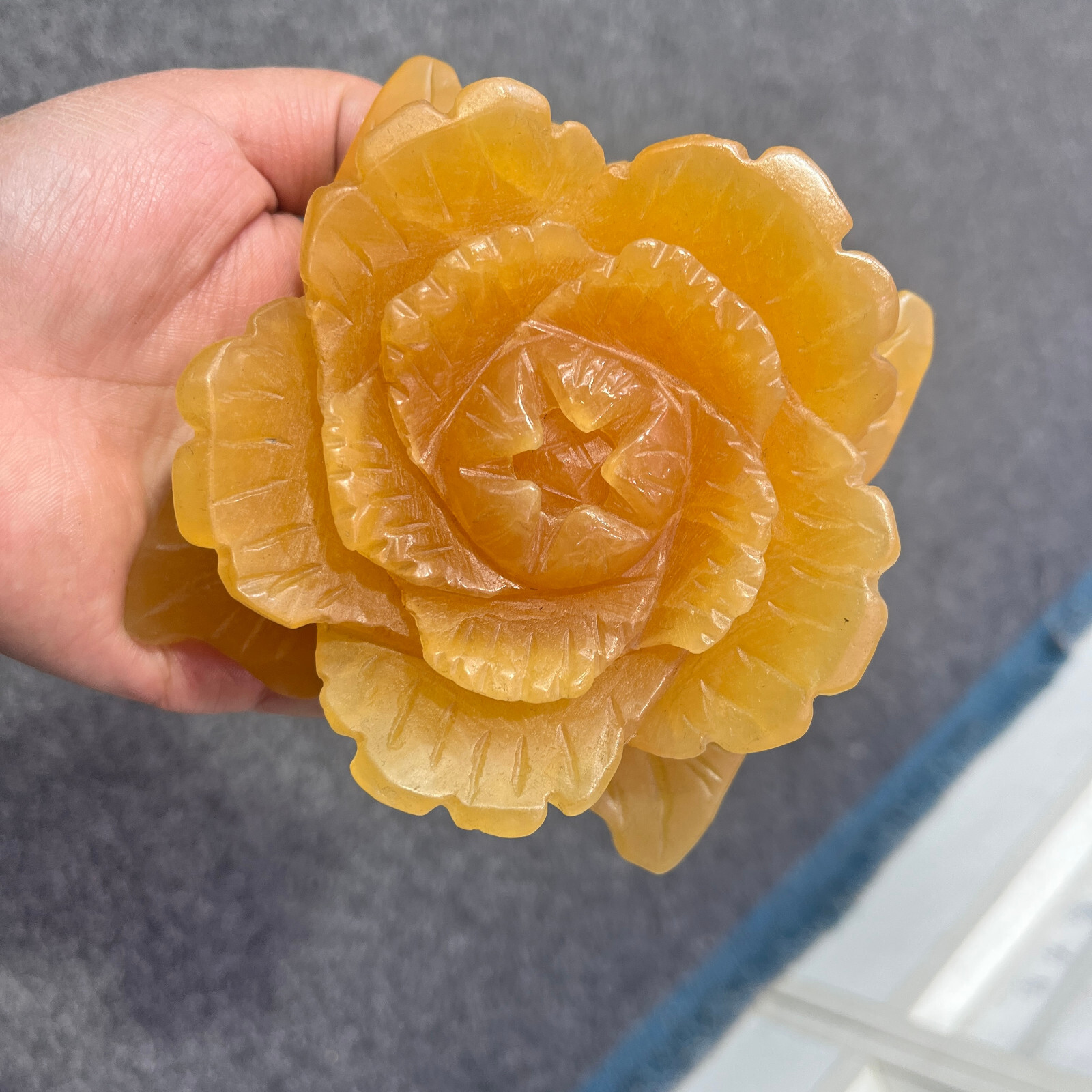 1PC Natural yellow calcite Quartz Carved Peony Flower Skull Crystal Reiki gift