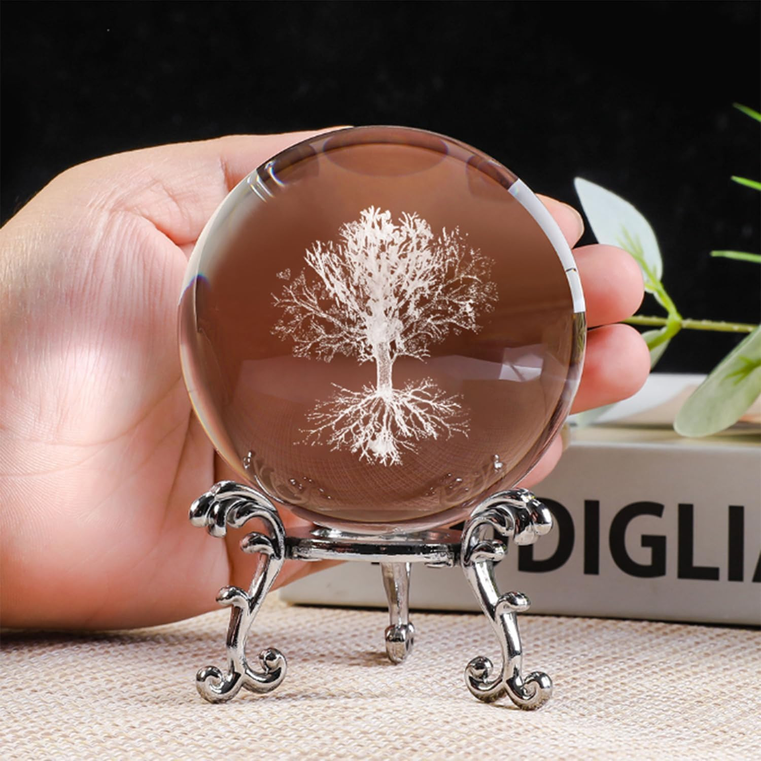 Tree of Life Crystal Ball with Stand, 60Mm 3D Laser Engraved Glass Sphere Decora