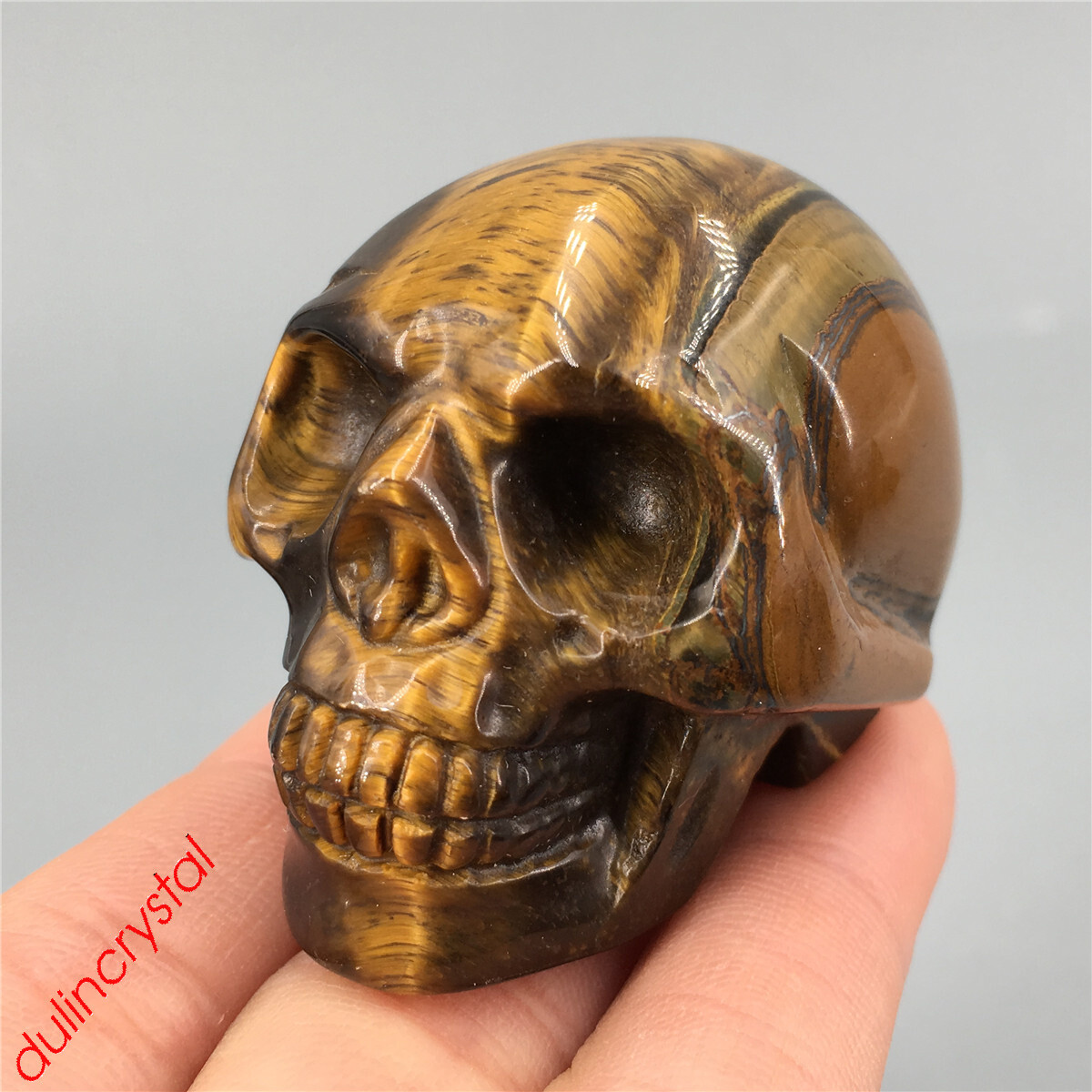 2” Natural Tiger eye skull quartz crystal carved skull gem reiki healing