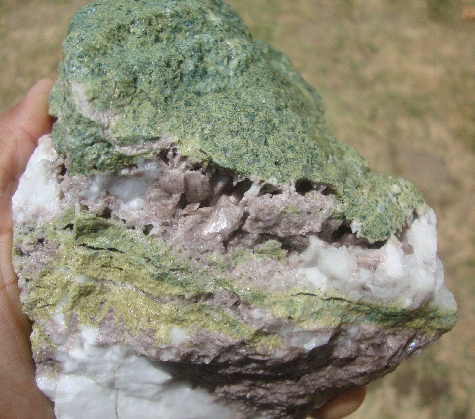 Light purple Axinite, green Epidote, and white Quartz, Stanislaus Co., CA