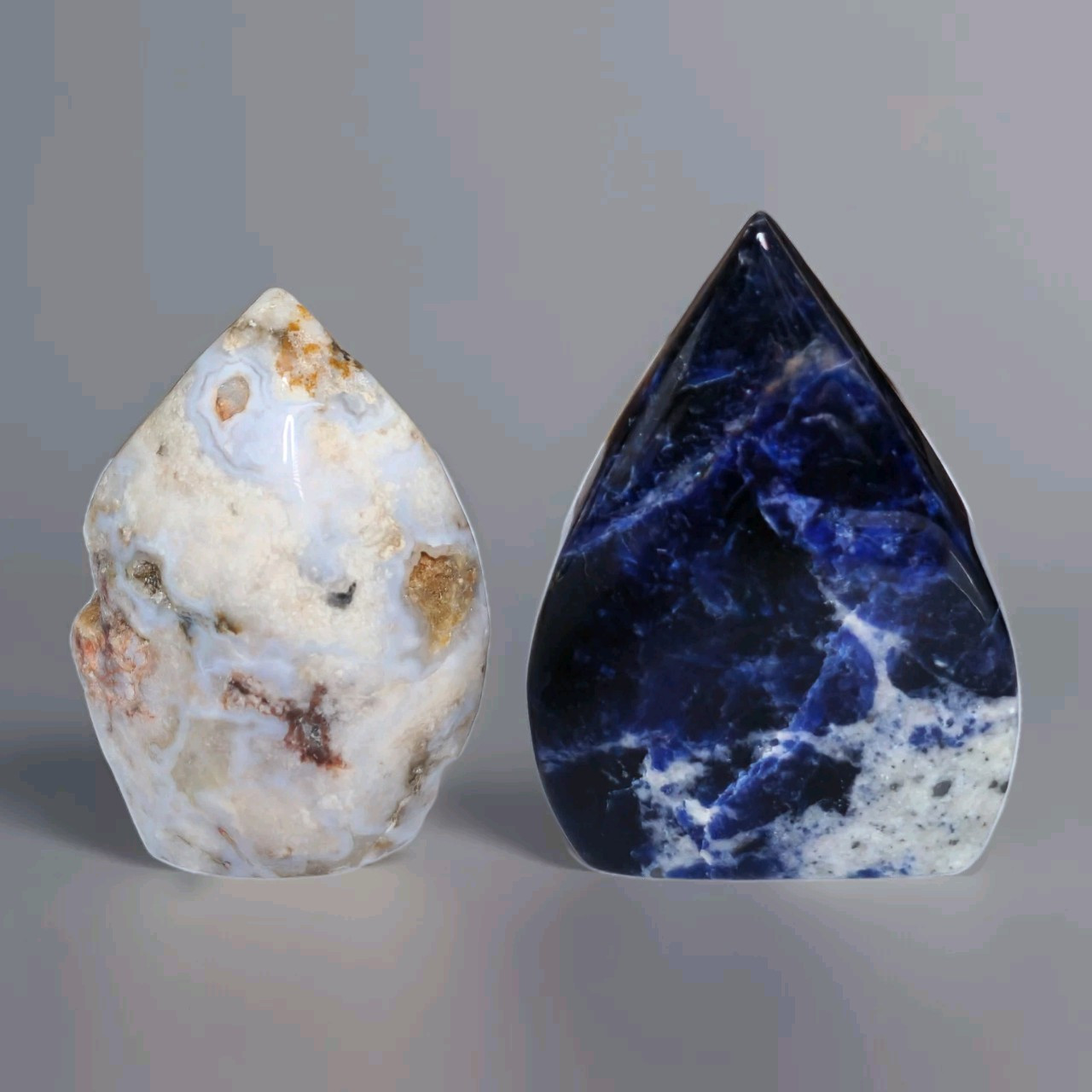 Lot Of 2 Polished Blue Flower Agate & Sodalite Stone Ornament Flames – USA