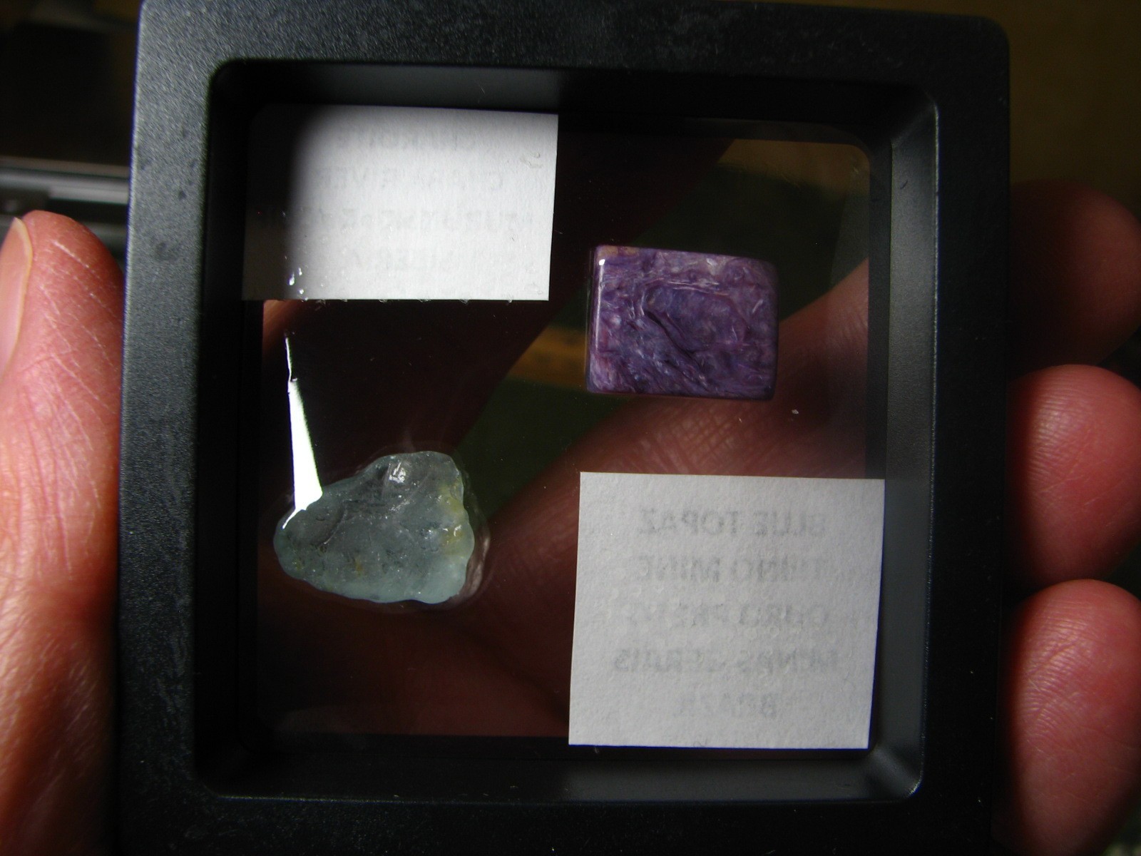 2 THUMBNAILS CHAROITE-SIBERIA BLUE TOPAZ-BRAZIL IN DISPLAY CASE #222