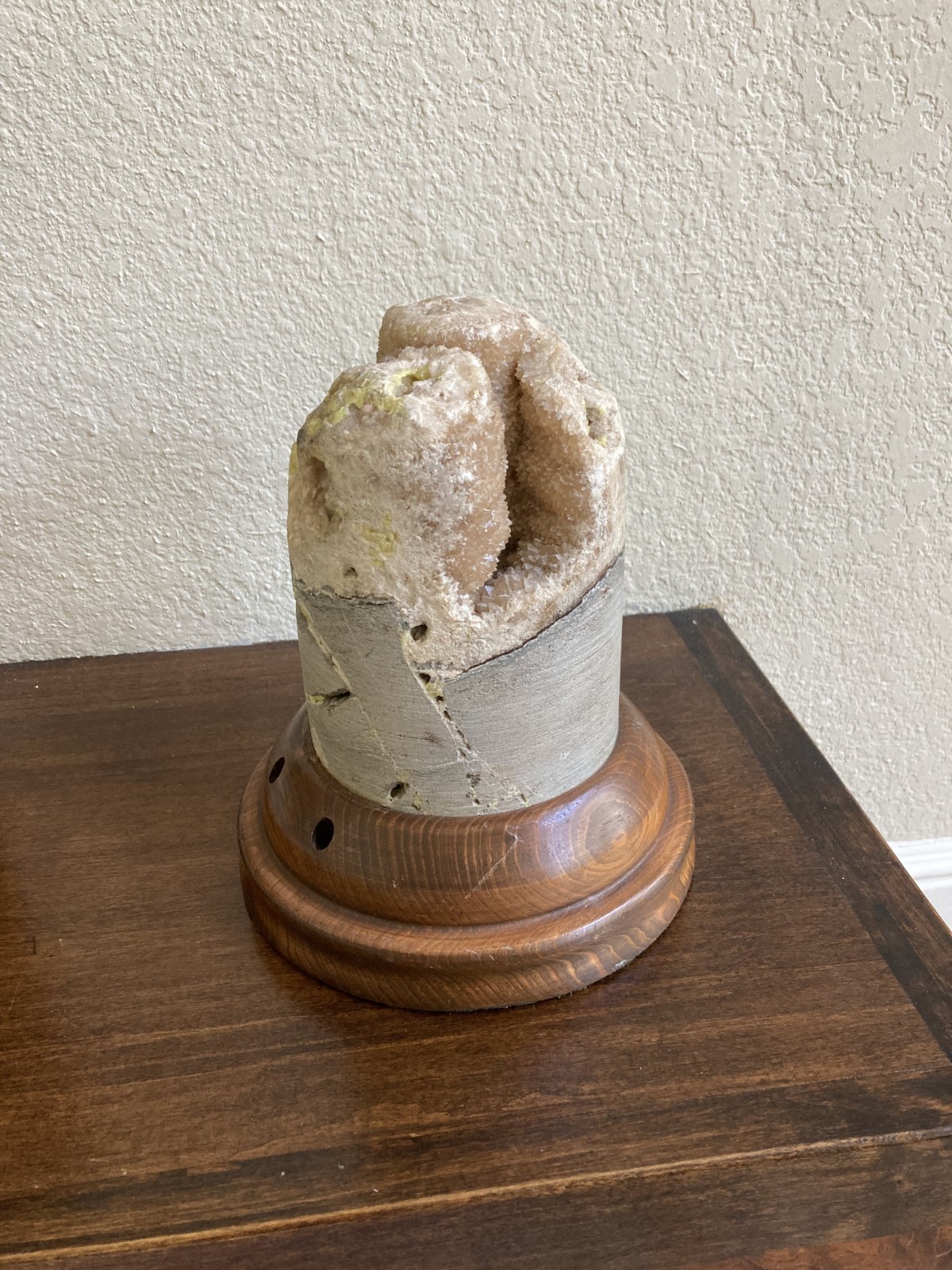 Natural Geological Drill Core w Crystals on Walnut Wood Pen Holder Display Base