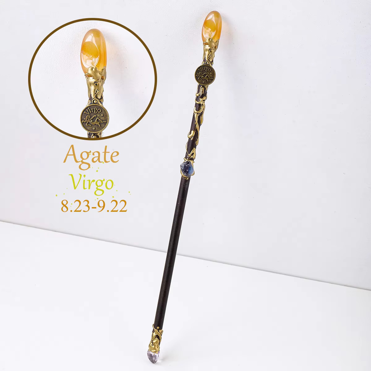 Handmade Natural Zodiac Medallion Crystal Wand with Birthstone Unique 11″–11.5″