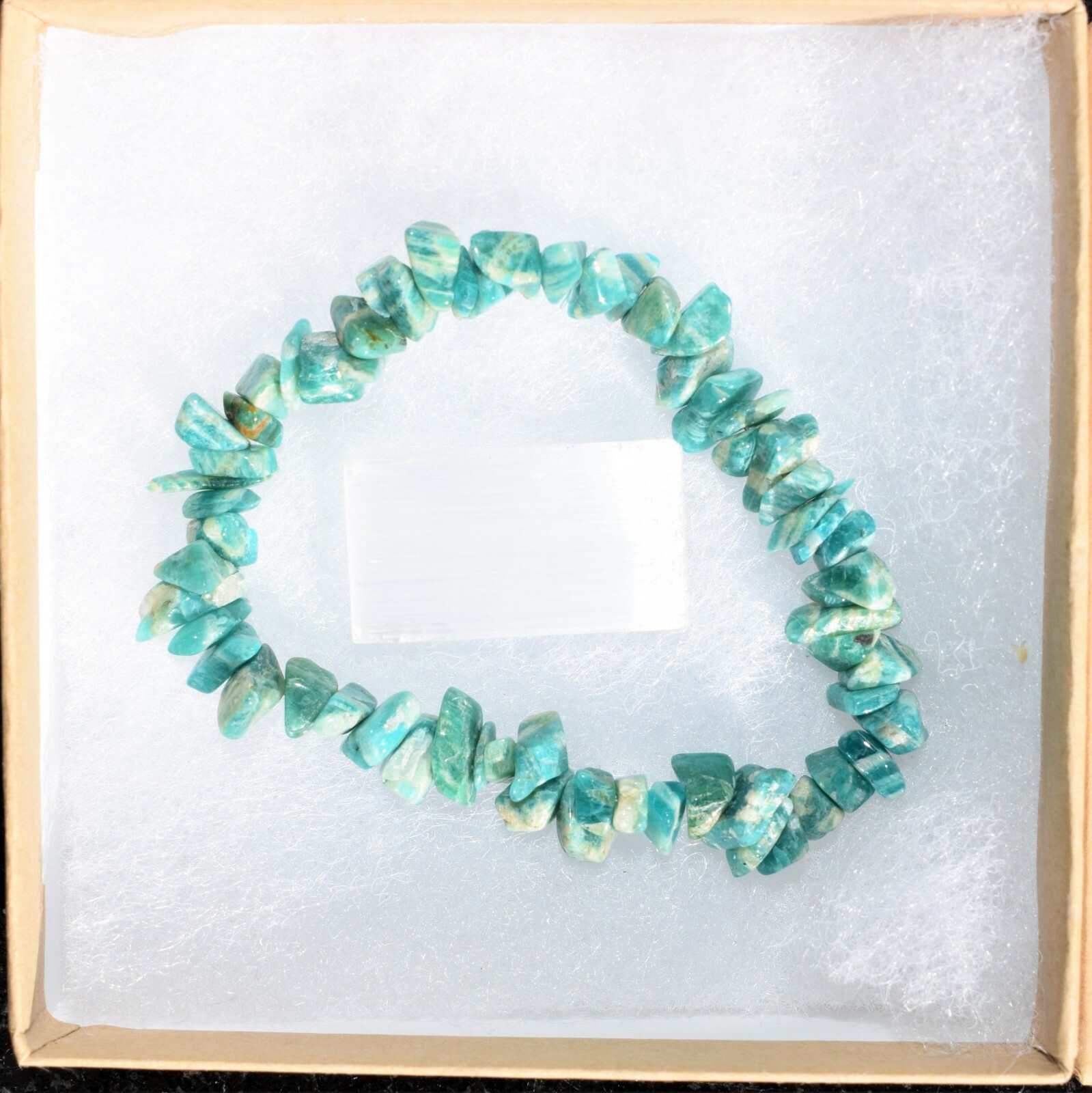 Premium CHARGED Amazonite Crystal Chip Stretchy Bracelet+ Selenite Puffy Heart