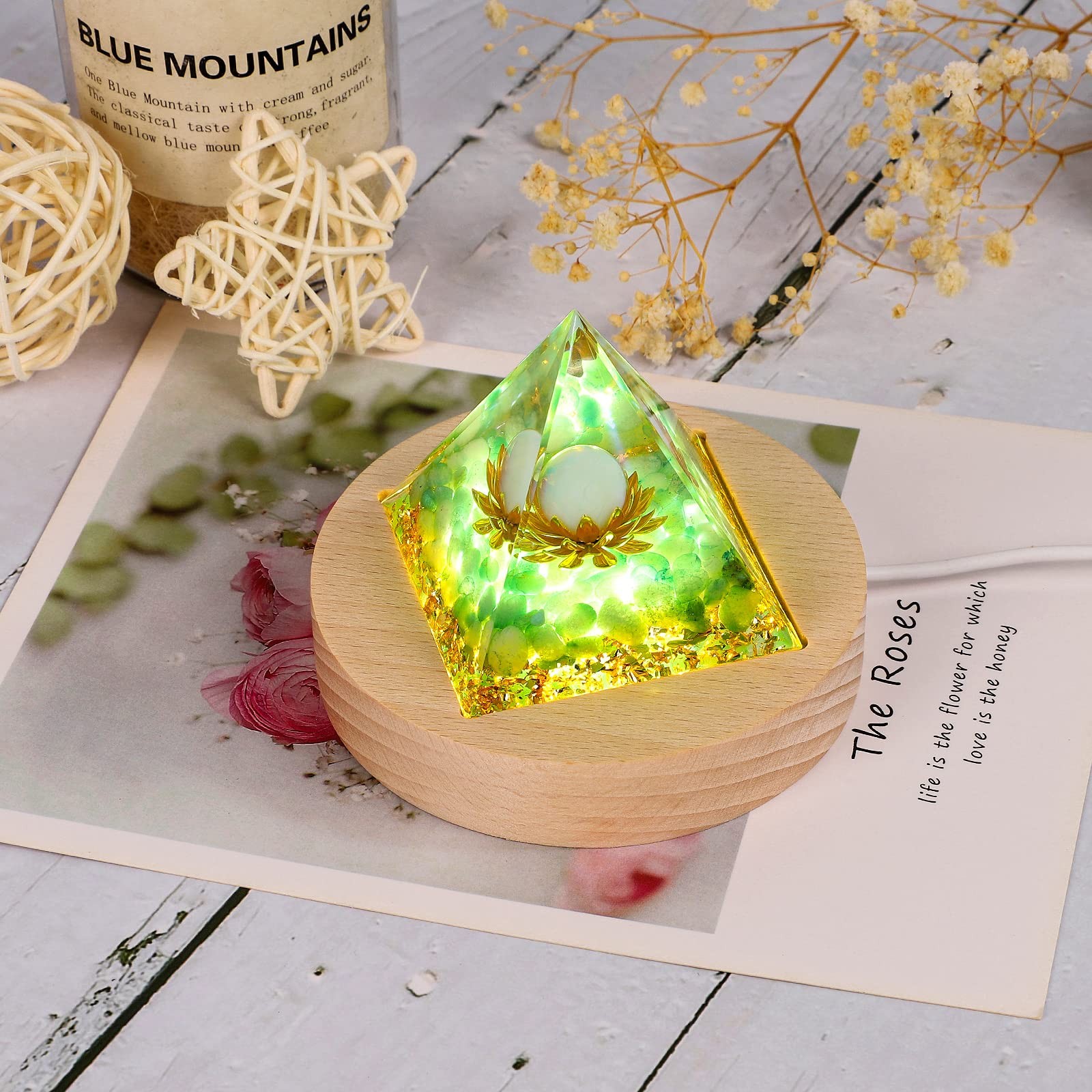 LED Light Base for Orgone Pyramid, 3 Color LED Adjustable Switch Wooden Base …