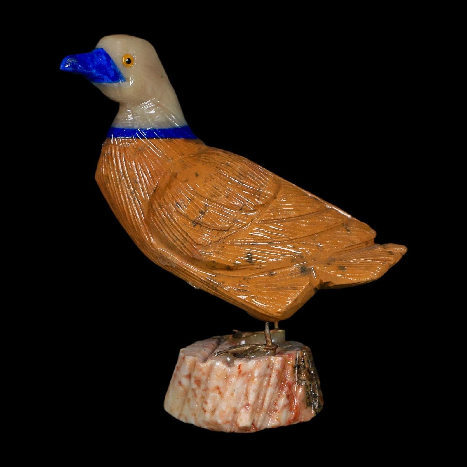 3.5″ Hand Carved Duck Perched on Red White Calcite, Brown Calcite, And Sodalite
