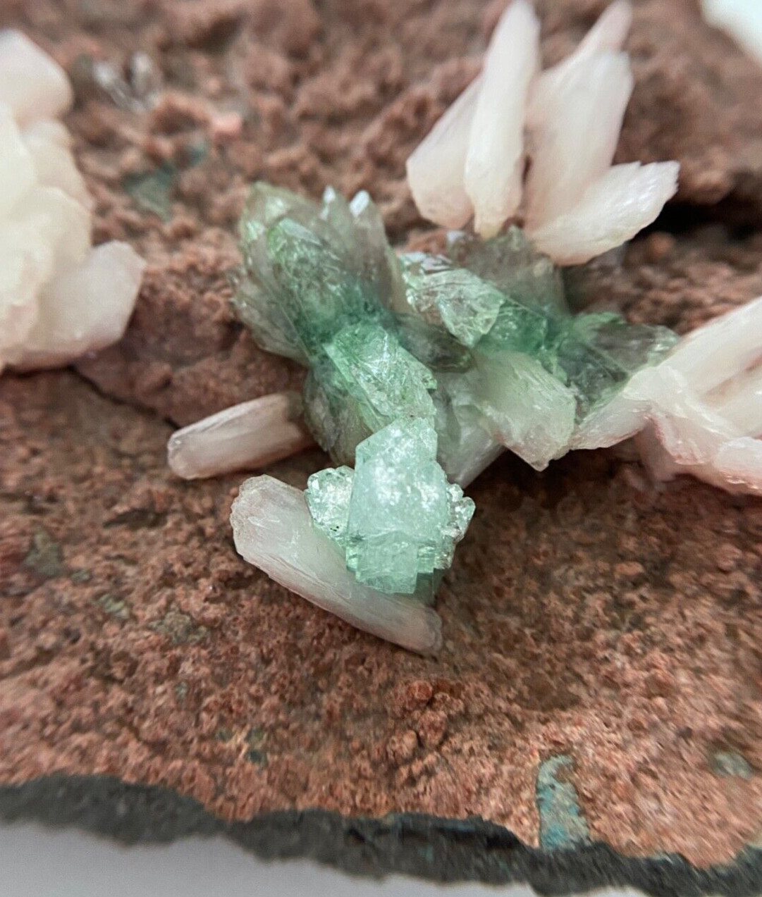Light Mint Green Apophyllite and Pearly White Stilbite Crystals on Brown Matrix