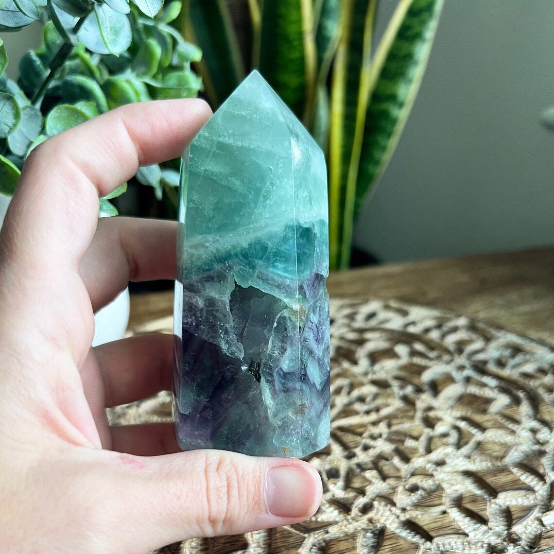 Natural Rainbow Fluorite Tower Obelisk Healing Crystal Wand Home Decoration