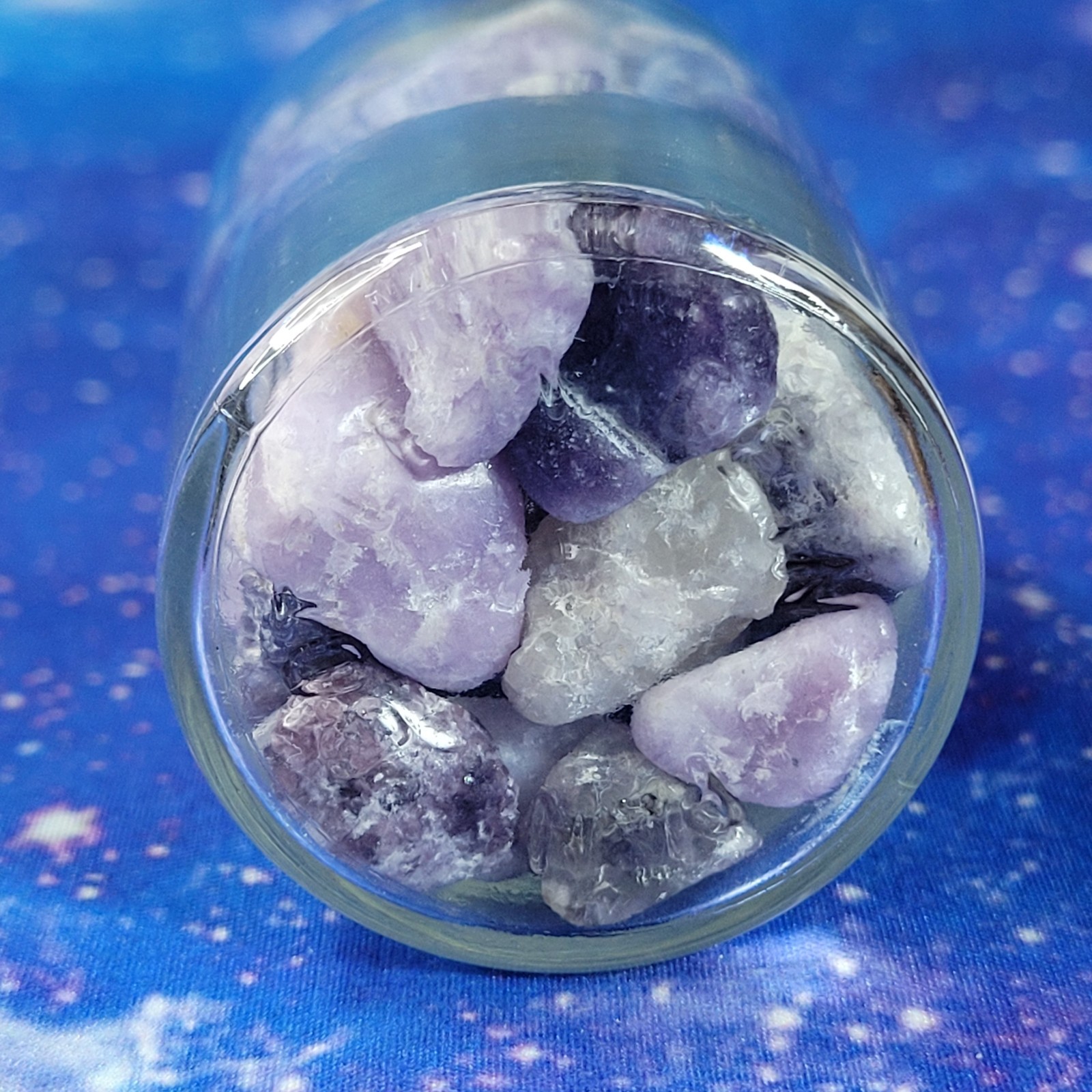 Lepidolite Stone Tumbles in Vintage 4 oz Apothecary Glass Jar Purple Crystal