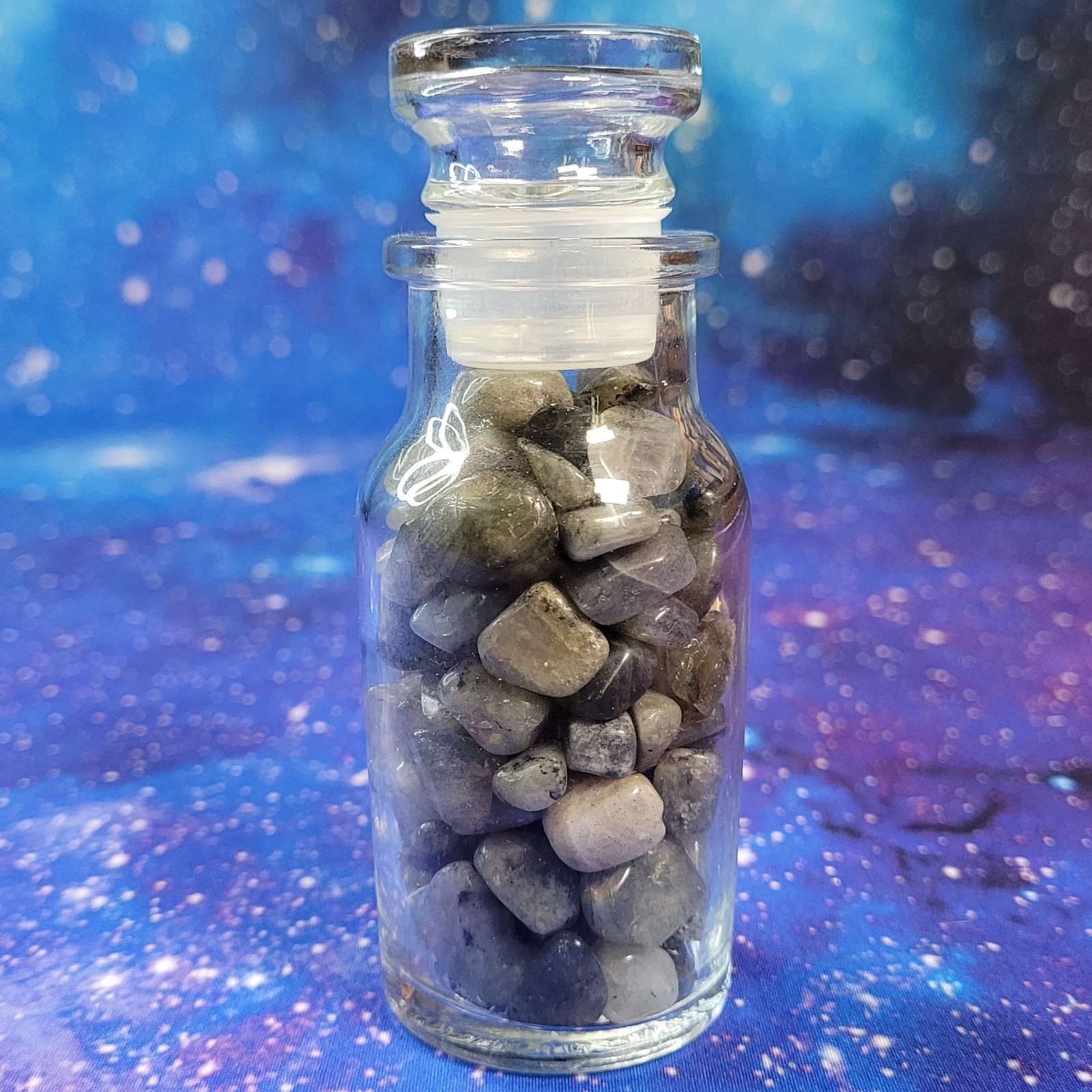 1/4 lb Labradorite Crystal Tumbles in Vintage Apothecary 4oz Glass Jar Witchy
