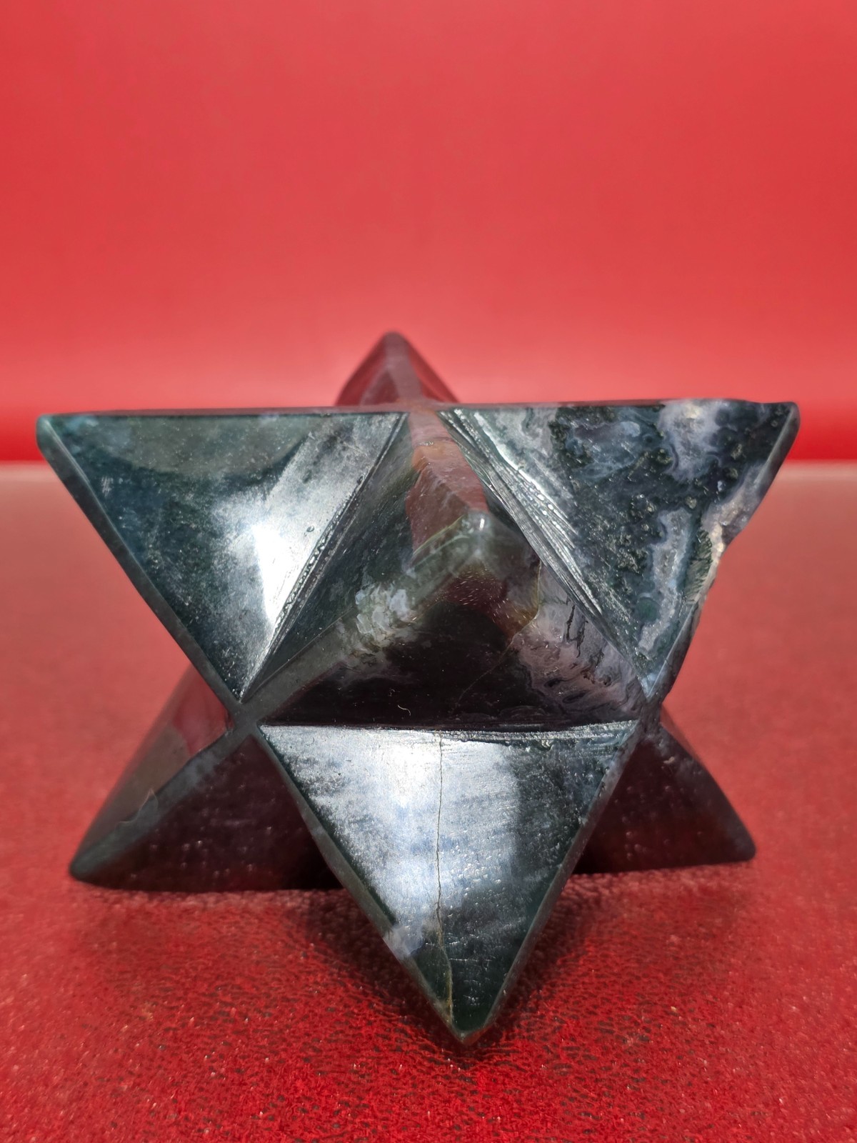 423g Moss Agate 8 Point Merkaba Star Carving Crystal Sacred Geometry Healing