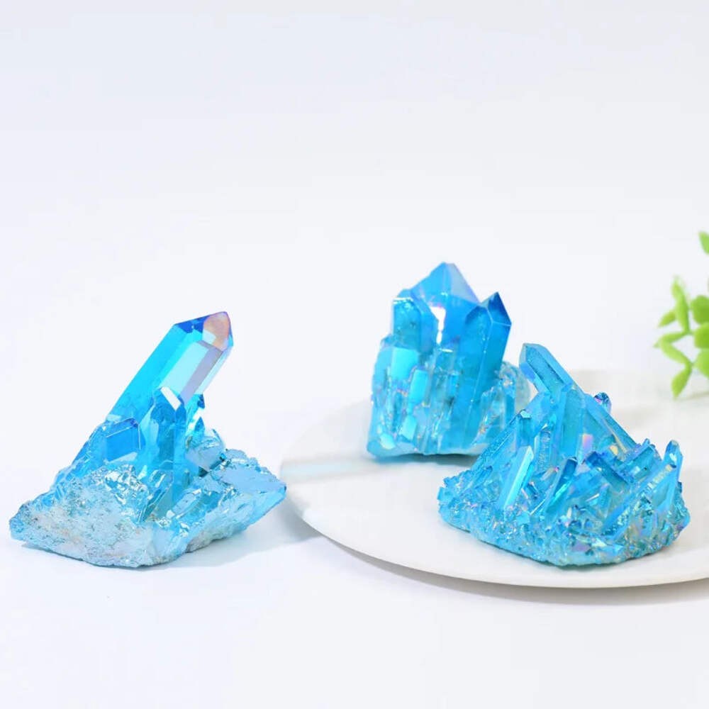 Sky Blue Quartz Natural Stones Electroplating Titanium Crystal Cluster Stone Spe
