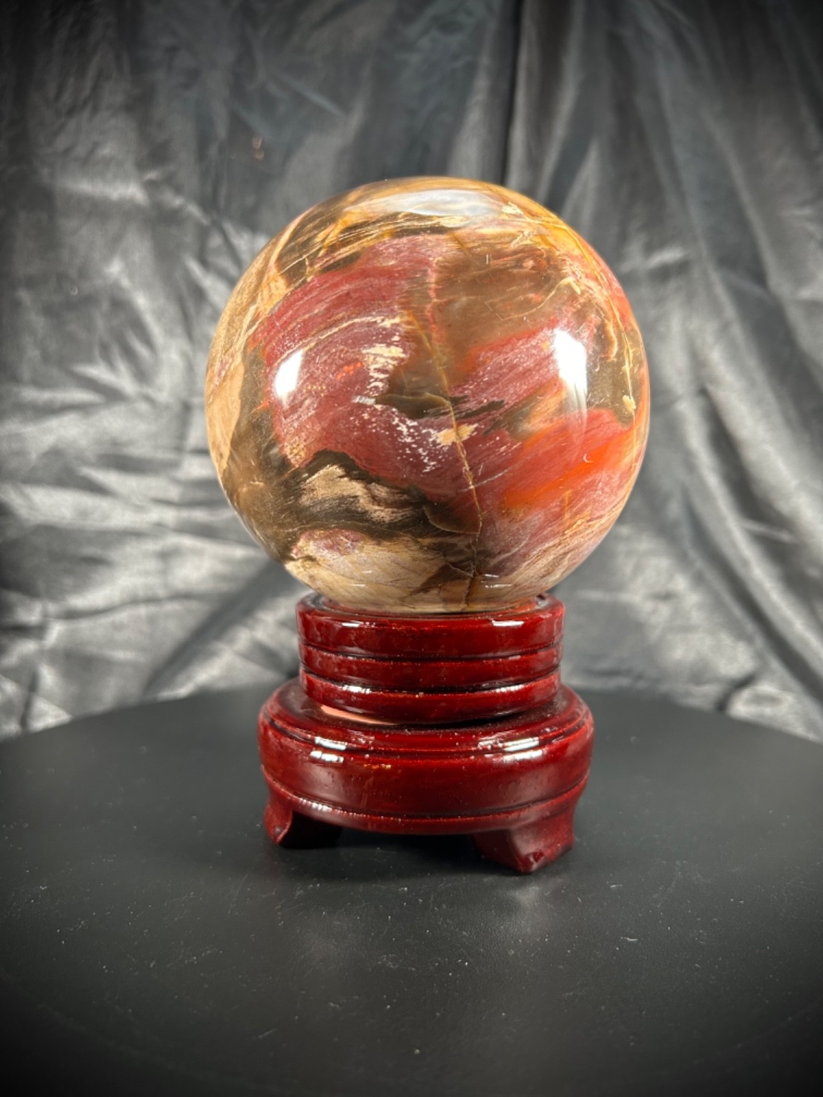 4.27″ Petrified Wood Sphere With Wood Stand 3lb 15.3oz (1795 grams) UV Reactive