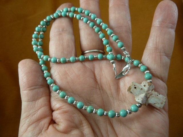 CR509-1 Fairy Stone CHRISTIAN Cross Lucky Crystal 16″ turquoise beaded necklace