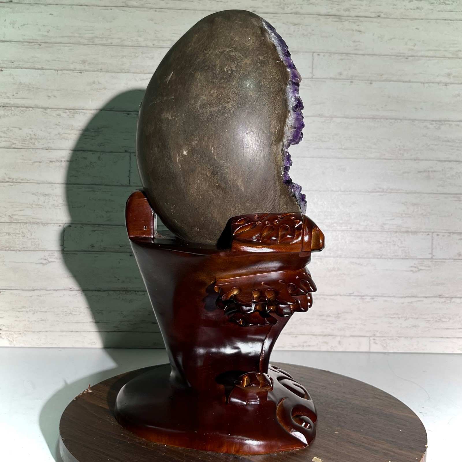 13.4 lb Amethyst Cluster Geode Dragon Egg Crystal w/ Wood Stand Mineral Specimen