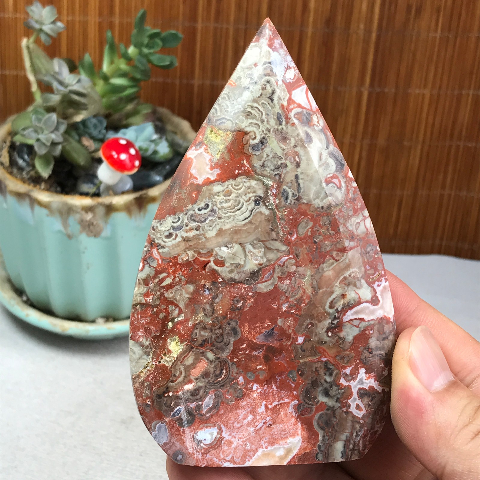 Natural money Mexico agate hand carve leaf Crystal Specimen free standing A6255