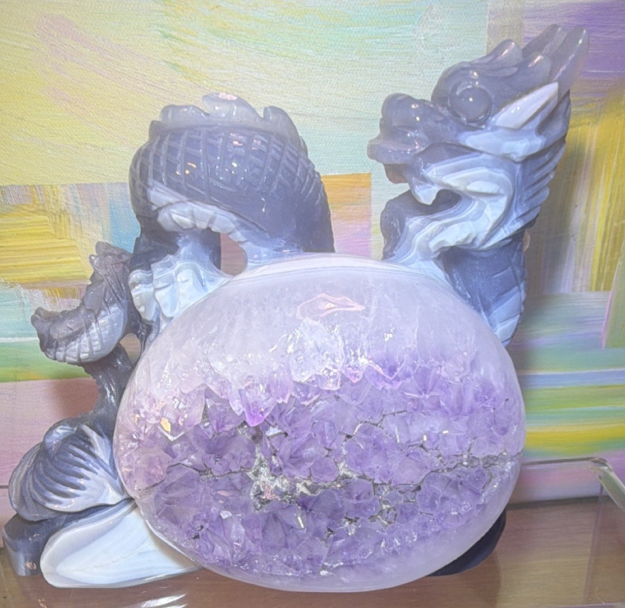 Carved Dragon Stand with Purple Amethyst Druzy Geode Crystal Egg Sphere