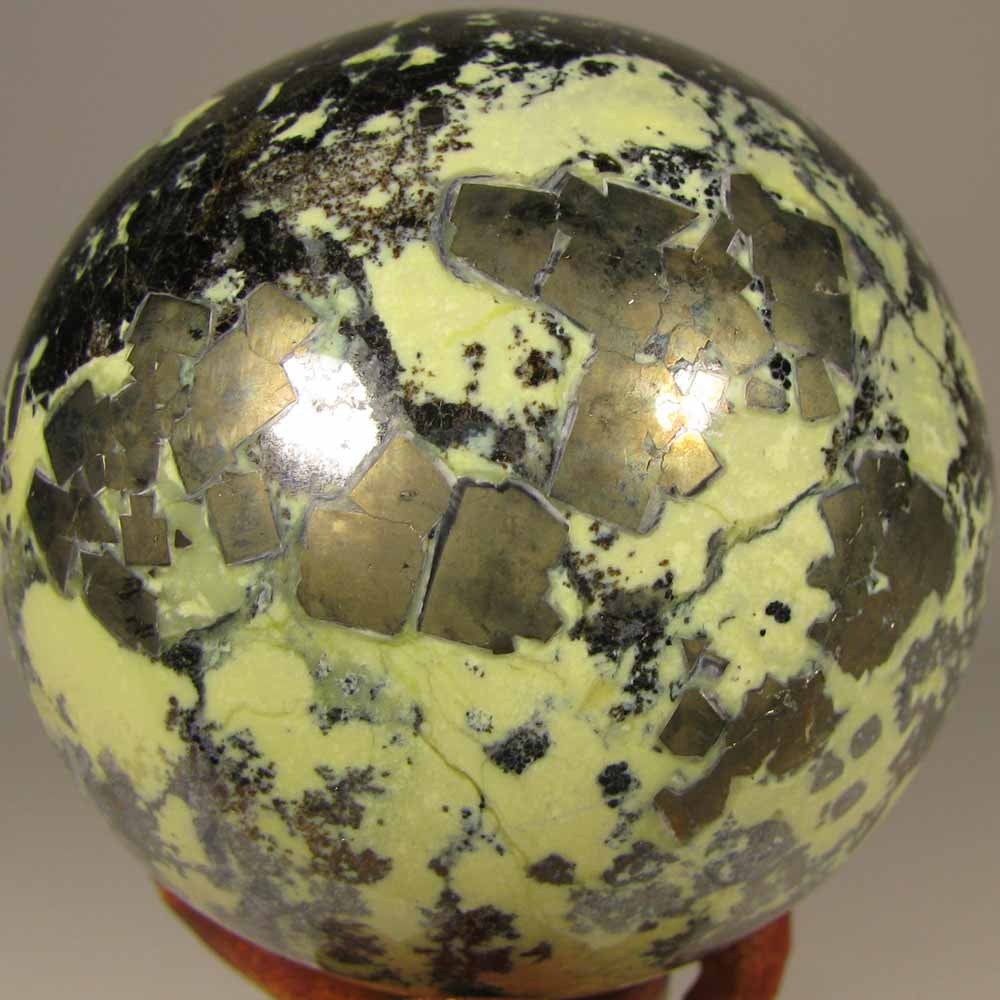 2.2″ SERPENTINE w/ PYRITE Polished Crystal Sphere Ball w/ Stand – Peru – 57mm