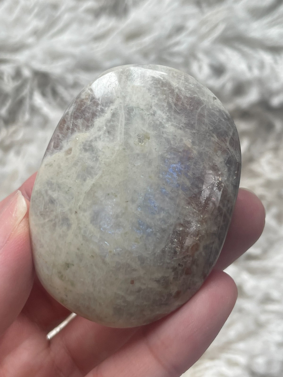 Rainbow Moonstone with Sunstone Palmstone, Medium – Blue & Silver Flashes (MZ)