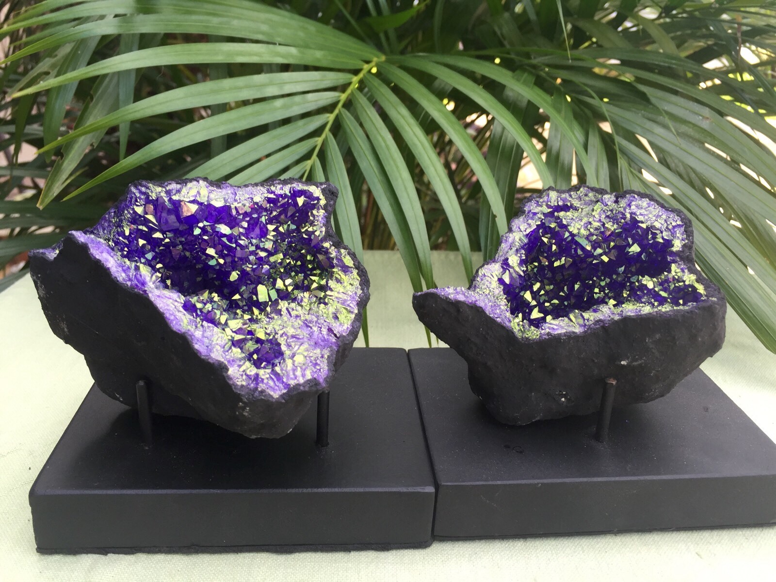 Large Purple Geode Pair W/Stands Crystal Geode Quartz Moroccan Geode Half Open.