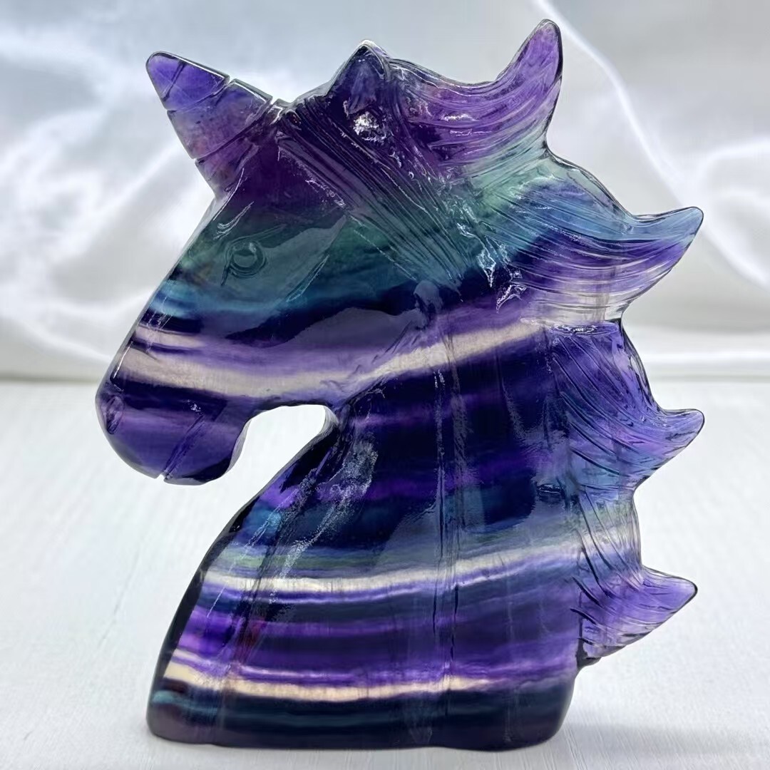1PC Natural fluorite carved unicorn Skull quartz crystal reiki healing Gem Gift