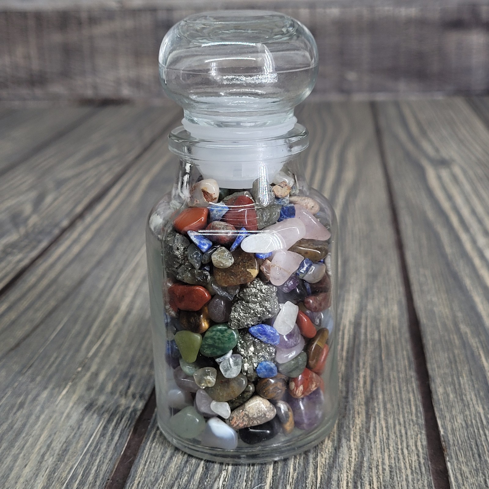 6oz Mixed Crystal Tumbles in Vintage Apothecary Crabtree & Evelyn Glass Jar EUC