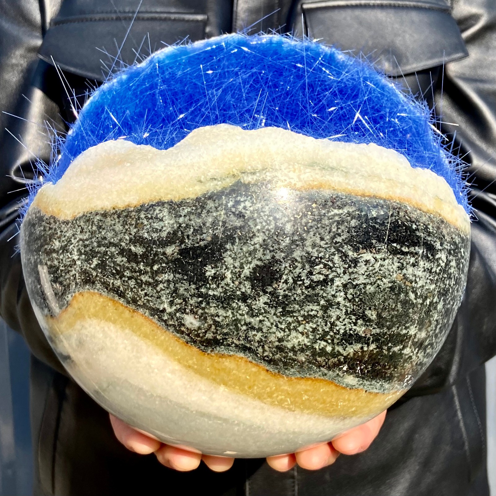 15LB Rare blue iron ore phosphate magnesium ore smiling crystal ball for healing