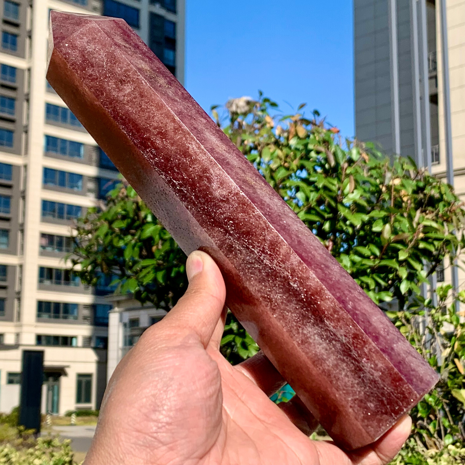 2.02LB Natural Large Strawberry Quartz Crystal Tower Point Obelisk Red Chakras