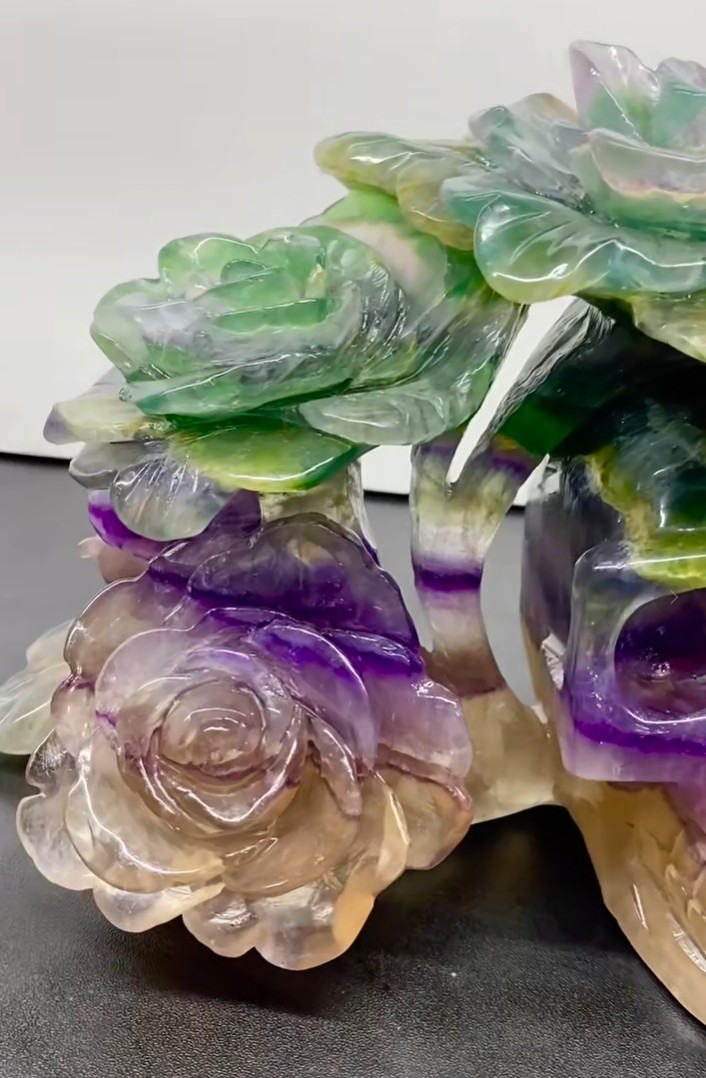 8.6LB Natural Color Fluorite Quartz Carved Flower Skull Crystal Reiki Decor Gift