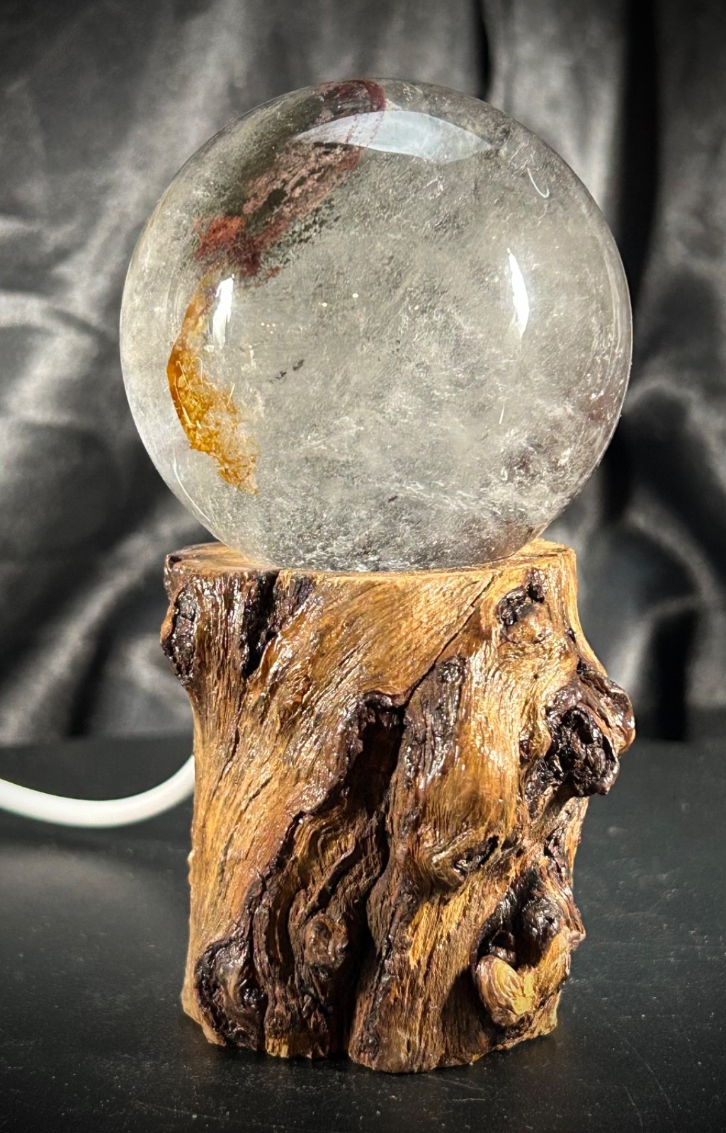 2.34 inch Garden Quartz Sphere With Custom Lighted Natural Wood Stand