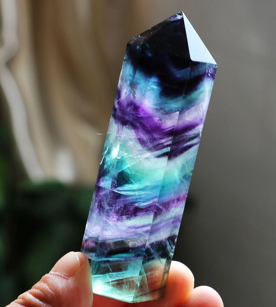 Natural Rainbow Fluorite Healing Witch Crystal Wands Reiki Tower Home Ornament