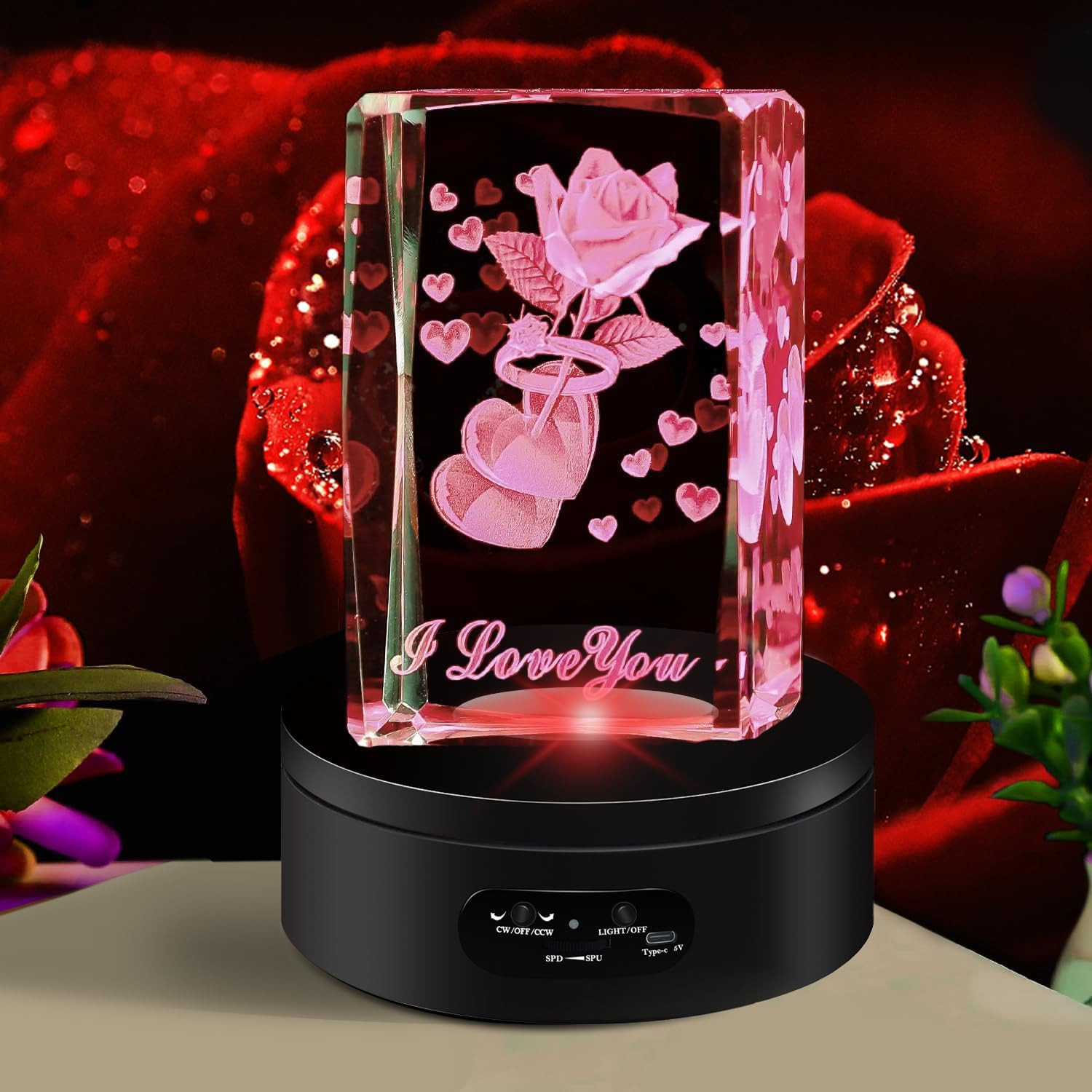 YVV LED Rotating Display Stand, Lighted Base-Crystal Glass Art, 360 Degree Autom