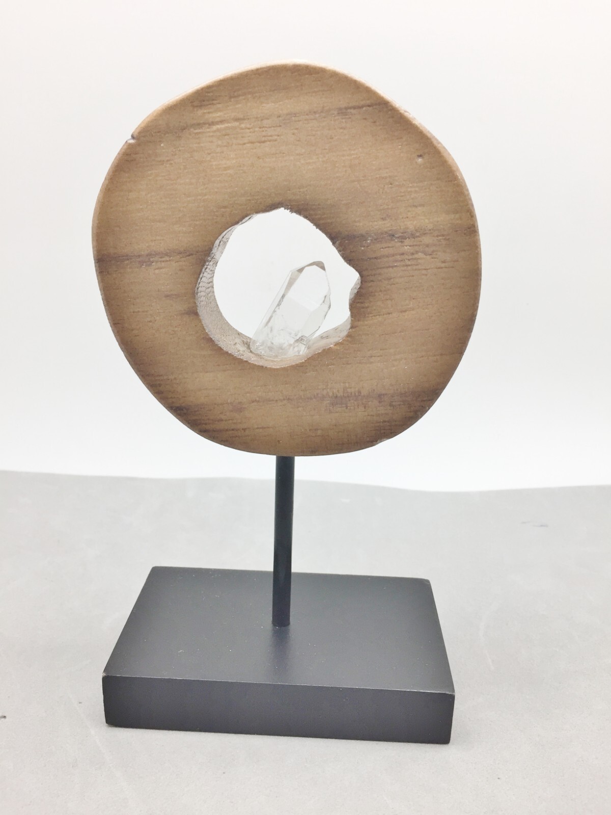 Natural Quartz Crystal In Wood Display Pedestal Modern Home Decor Interior 7″