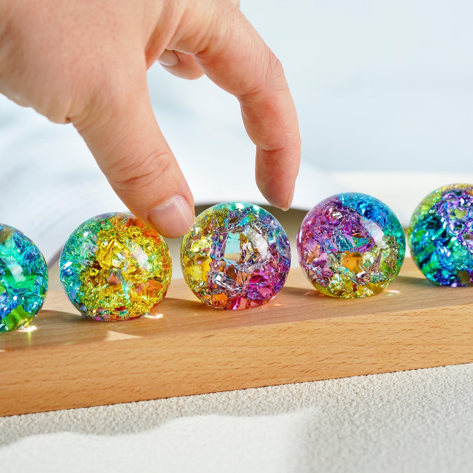 Colorful Healing Spheres 7pcs with LED Wooden Stand – Meditation Decoration