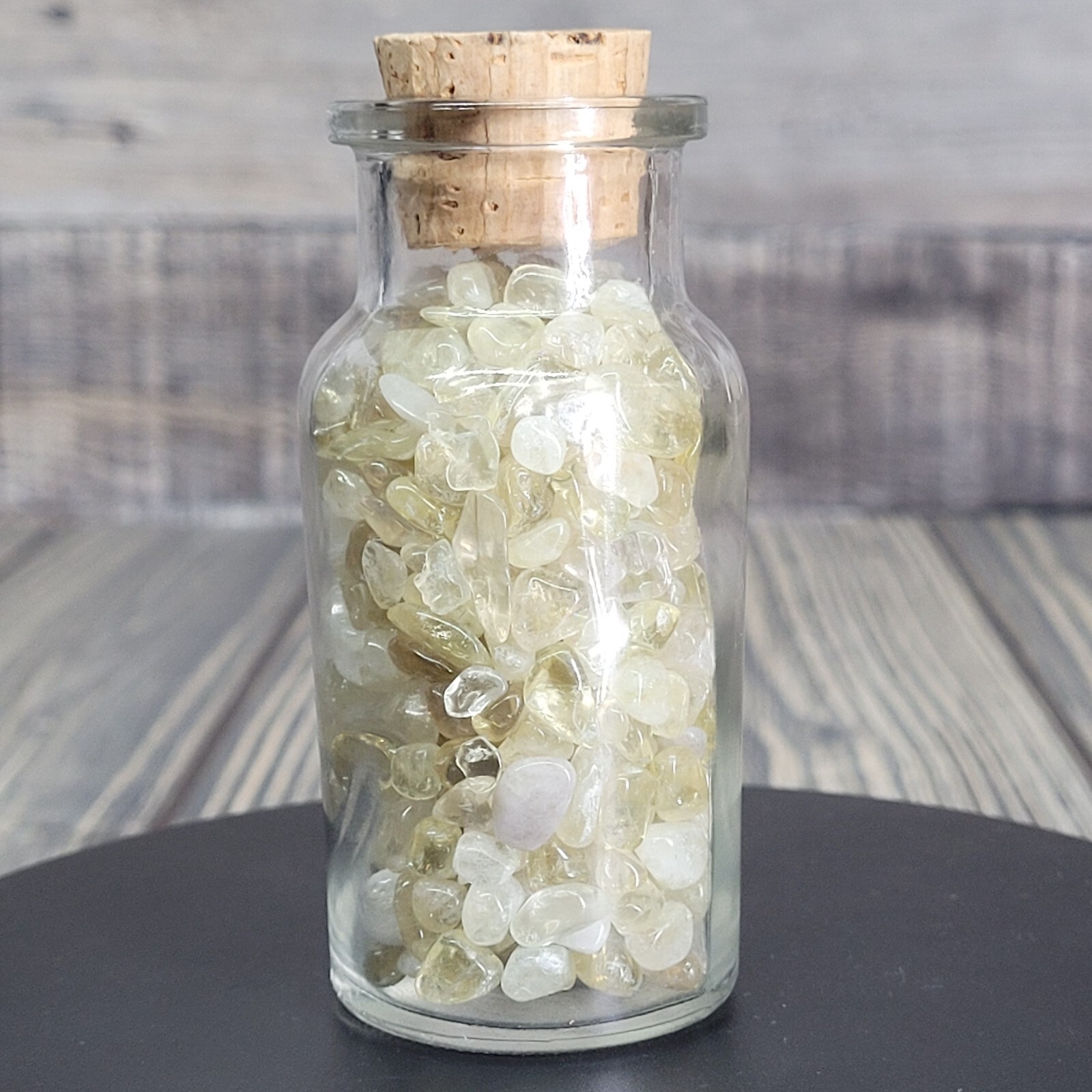4 oz Citrine Crystal Chip Tumbles in Vintage Apothecary Glass Jar Wagner w/ Cork