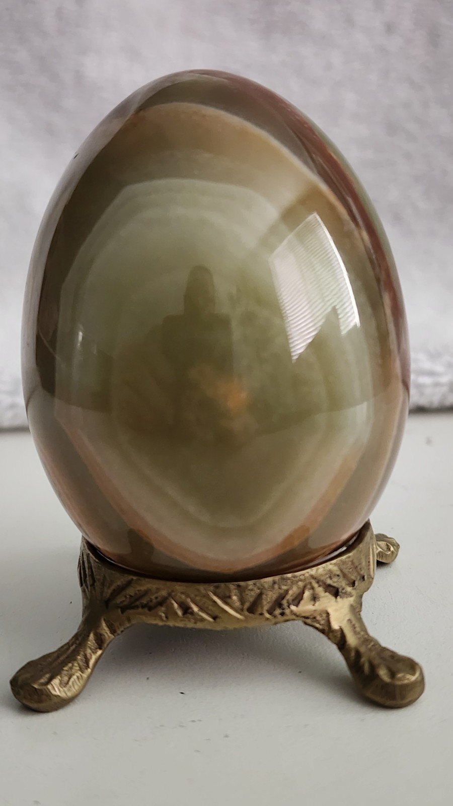 Vtg 3″ Banded Onyx Stone Egg Multi Color Brown Green Cream with Brass Stand MCM