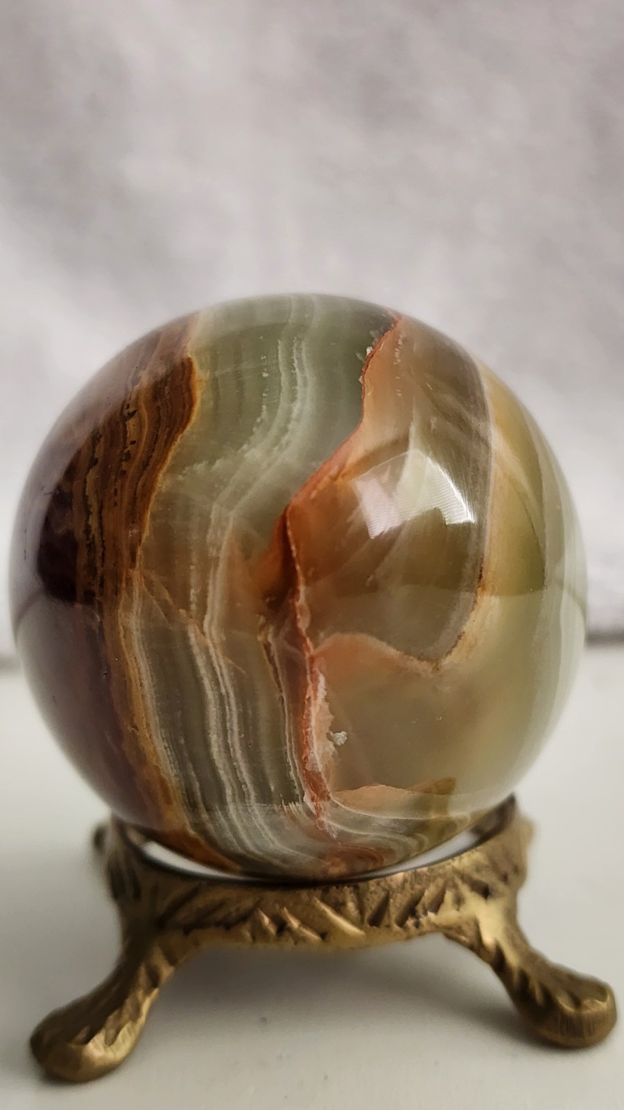 Vtg 3″ Banded Onyx Stone Egg Multi Color Brown Green Cream with Brass Stand MCM