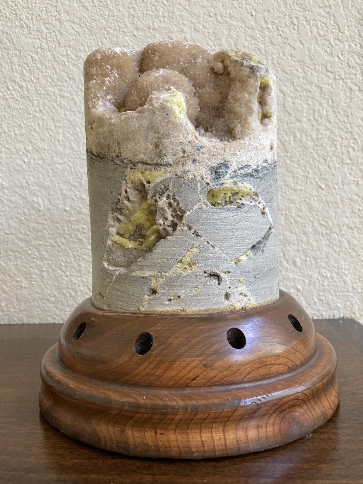 Natural Geological Drill Core w Crystals on Walnut Wood Pen Holder Display Base
