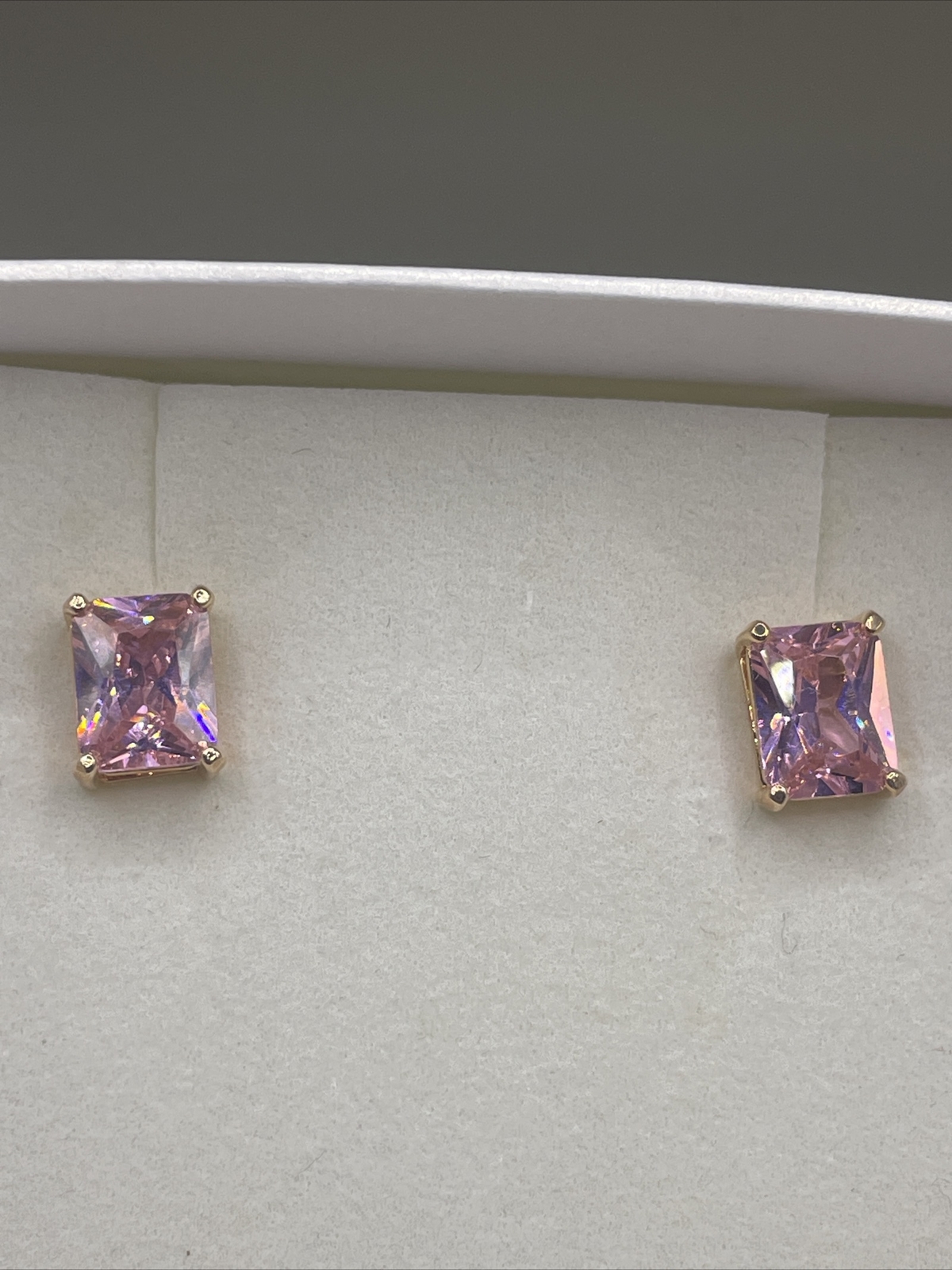 Gold Over Sterling Silver Rectangle Bright Pink Earrings Stud Pink Topaz #1003