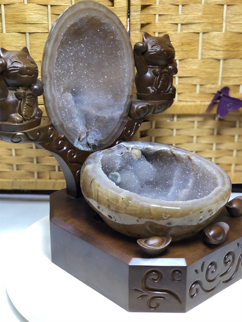 10.5LBNatural Agate Crystal Geode Quartz Bowl Wealth Spirit Energy Healing+Stand